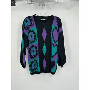 Vintage Women Harlequin Sweater Size XL Abstract Floral Pop Art Grandma Eclectic